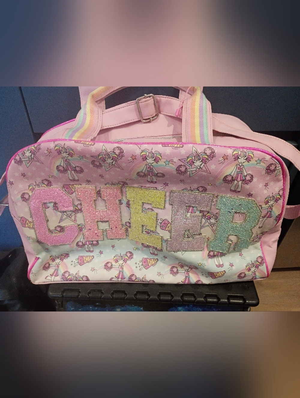 Pink Glitter 'CHEER' Tote Bag. with Pastel Rainbow Print- New!